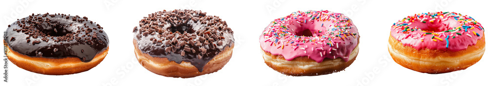 Poster delicious assortment of colorful donuts on display at a cafe. set png isolated on transparent backgr