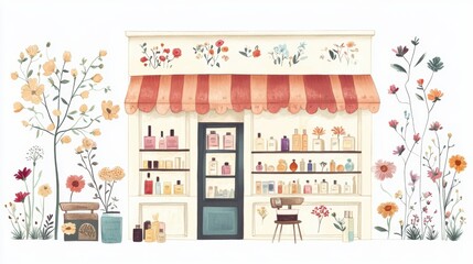 Watercolor illustration of a quaint flower shop. Floral border and detailed storefront design