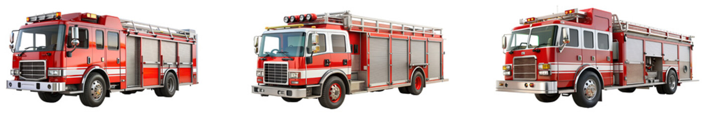 Red fire trucks lined up in a row during daytime at the station. Set png isolated on transparent background