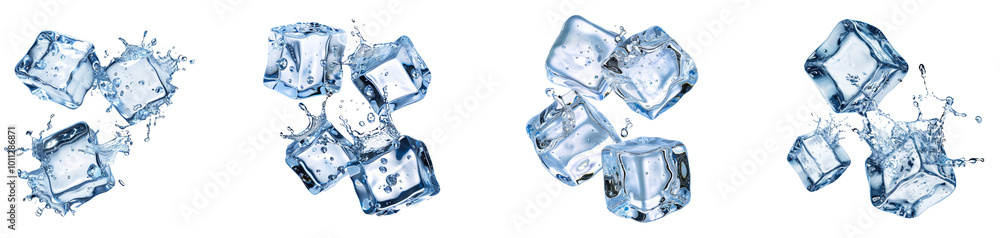 Poster ice cubes splashing in clear water creating dynamic ripples. set png isolated on transparent backgro
