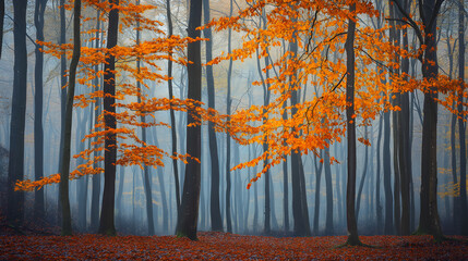 Misty Autumn Morning in the Forest