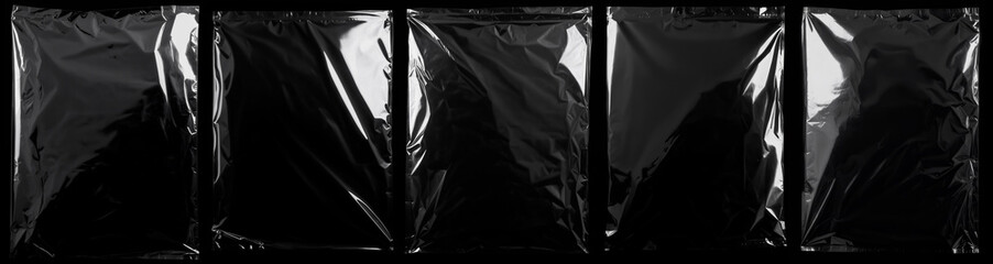 set of transparent crumpled plastic packs. surface overlay. black background.