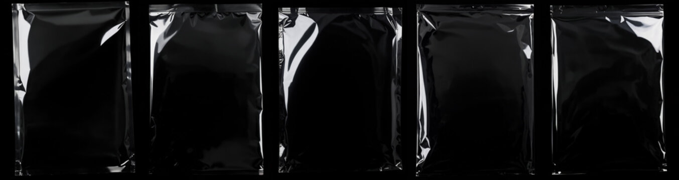 set of transparent crumpled plastic packs. surface overlay. black background.