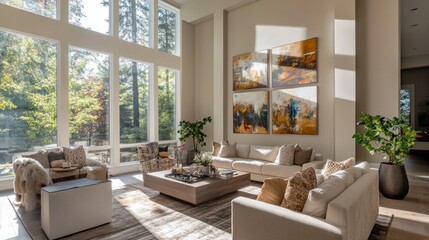 Modern earth-tone living space, neutral colors, comfortable furniture, decorative pillows, abstract art on walls, sunlight through large windows