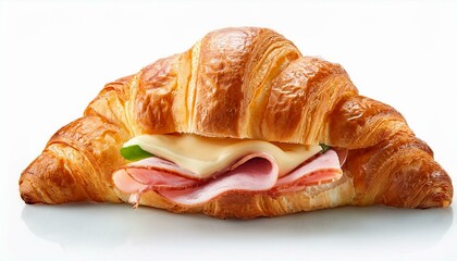 A fresh ham and cheese croissant sandwich with layers of ham, cheese, and pastry, isolated close-up, perfect for a delicious breakfast or snack