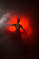 Silhouette of a woman in a red skirt dancing Latin in smoke in neon light. Dance concept. Bachata,...