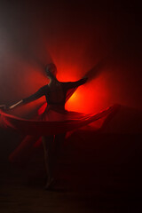 Silhouette of a woman in a red skirt dancing Latin in smoke in neon light. Dance concept. Bachata, Latina