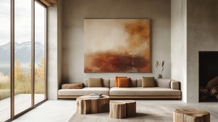 Modern interior with earth tones, natural light through large windows, abstract wall paintings, warm wood furniture, cozy atmosphere