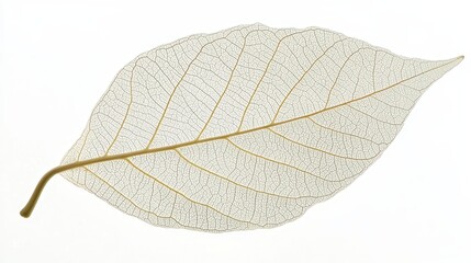 A close-up of a textured leaf with prominent veins, highlighting its natural beauty against a bright white background.