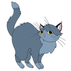 a gray cat with yellow eyes stands with its tail raised, stock vector, cartoon