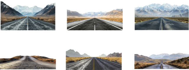 Scenic mountain roads showcase varying terrains in diverse landscapes. Set png isolated on transparent background