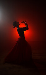 Silhouette of a woman in a red skirt dancing Latin in smoke in neon light. Dance concept. Bachata,...