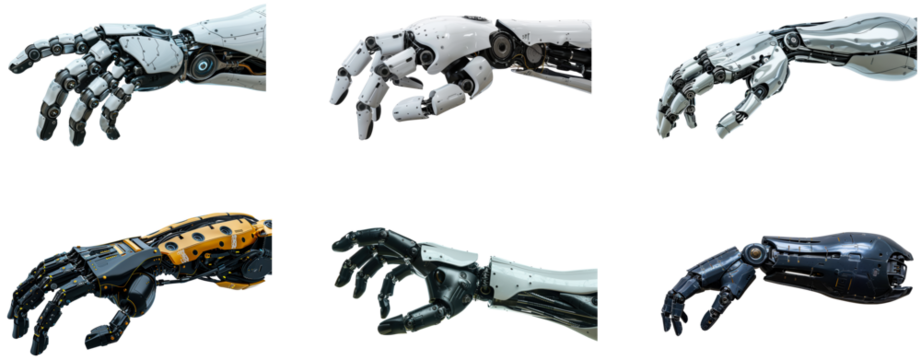 Various robotic hands showcasing advanced design and functionality. Set png isolated on transparent background