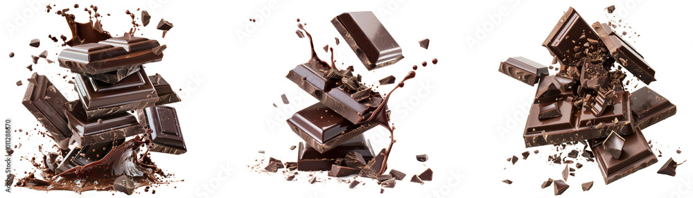 Poster dynamic chocolate explosion with broken pieces. set png isolated on transparent background