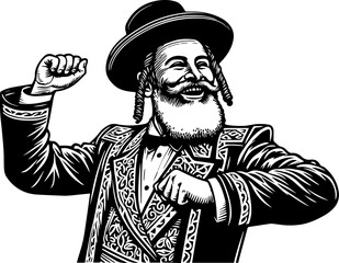 An Orthodox Jewish man with a beard is dancing happily. Wearing a traditional Jewish hat, the elderly Jew dances joyfully, praising the Lord.