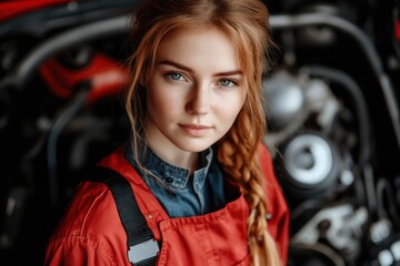 Woman in Red Coveralls Looking Directly at the Camera in a Garage