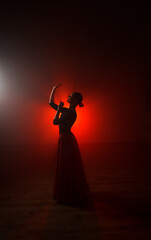 Silhouette of a woman in a red skirt dancing Latin in smoke in neon light. Dance concept. Bachata,...