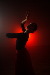 Silhouette of a woman in a red skirt dancing Latin in smoke in neon light. Dance concept. Bachata,...