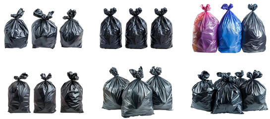 Collection of assorted trash bags arranged in two rows indoors. Set png isolated on transparent...