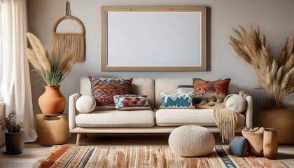 Poster mockup on boho style living room