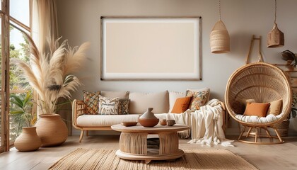Poster mockup on boho style living room