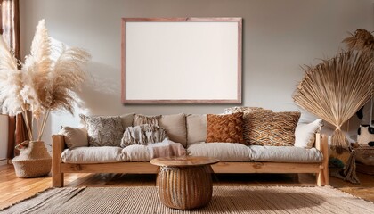 Poster mockup on boho style living room