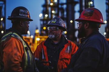 A diverse group of oil refinery workers collaborating on a challenging project, demonstrating strong team spirit and cooperation in their tasks. The scene is enhanced by soft outdoor lighting