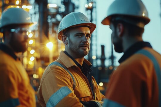 A diverse group of oil refinery workers collaborating on a challenging project, demonstrating strong team spirit and cooperation in their tasks. The scene is enhanced by soft outdoor lighting