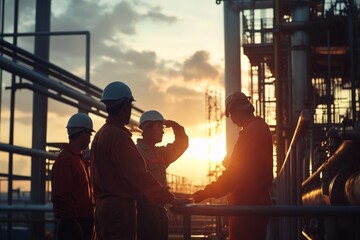 Fototapeta premium A diverse group of oil refinery workers collaborating on a challenging project, demonstrating strong team spirit and cooperation in their tasks. The scene is enhanced by soft outdoor lighting