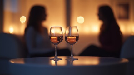 dating party scene with a table with glass of wine and two glasses of wine  there are two blurred figures of loving couple flirting sitting on sofa soft focus minimalist interior design