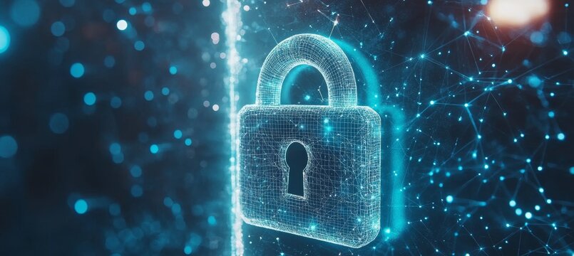 Digital Security Concept A 3D Rendering of a Glowing Padlock Over a Blue Network Visualization