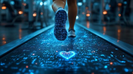Cardiovascular health depicted by a doctor monitoring a patient running on a treadmill with holographic heart data surrounding them
