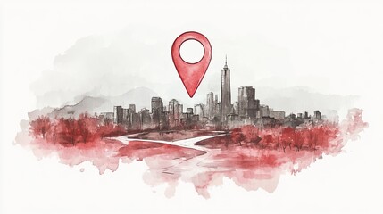 City skyline with a red location pin amidst watercolor splashes, showcasing urban exploration and navigation.
