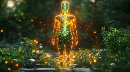 Immune boosting herbs and spices displayed in intricate patterns around a glowing, healthy body figure