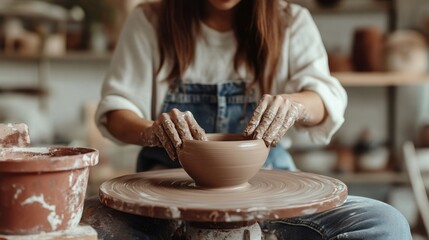 Woman creating pottery on wheel, bright studio, clean background, minimal elements, copy space
