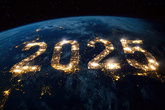 celebrate 2025 with written from lights in the night on earth, glowing citylights, global new years eve, photorealistic