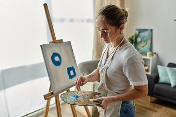 A talented woman with vitiligo passionately paints on canvas in her artistic space.