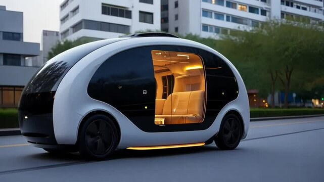 Futuristic self driving shuttle with open door driving through an empty city street at night. The spacious interior is illuminated