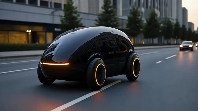 Futuristic black car drives along a city road, showcasing modern buildings and other vehicles in the background. The scene highlights urban life and advanced transportation technology
