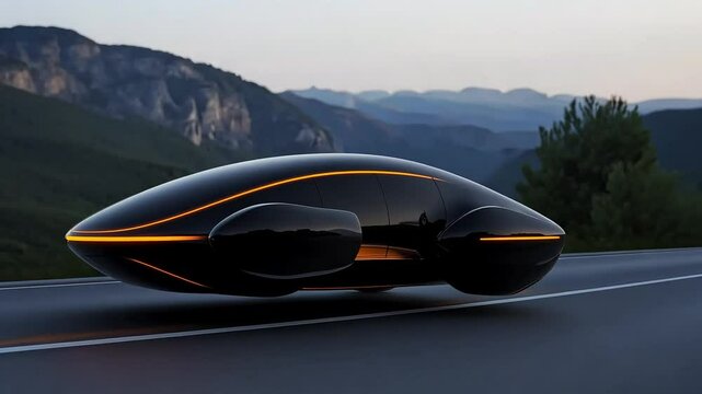 Futuristic black car driving autonomously on a winding mountain road. The car features sleek lines and glowing orange accents