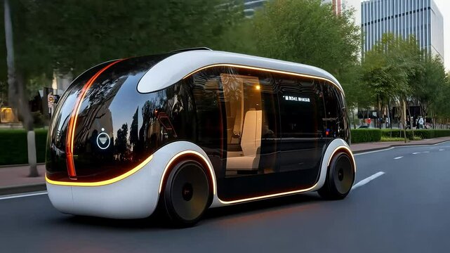 Autonomous shuttle bus with glowing lights is driving down a city street. Buildings and trees can be seen in the background