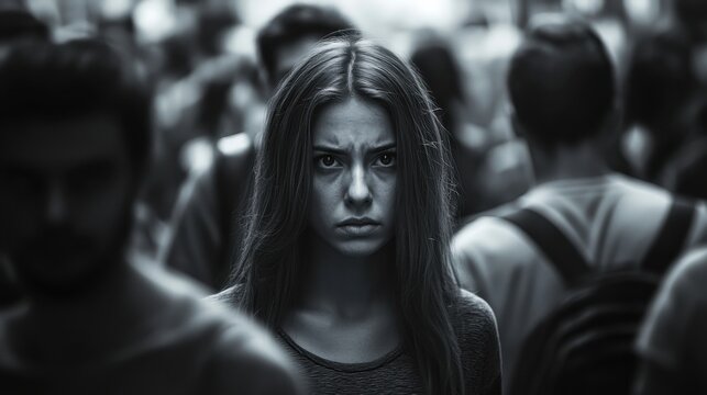 woman standing alone in a crowd looking at camera, her face reflecting deep emotions of anxiety and depression,