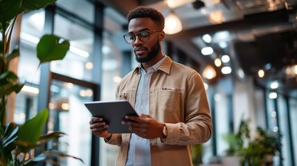 Fototapeta premium person standing in a modern office space, dressed in smart casual attire, holding a digital tablet with an attentive posture