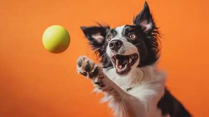 A portrait of an excited dog catching a ball, set against a bright orange background, soft focus,  ideal for themes of playfulness, pets, and joyful moments.