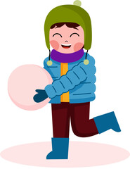 Children build snowman in winter. Cute happy friends play outdoor in Christmas winter season. Happy kids on winter holiday. Kids playing in the snow and building snowman on winter holiday.