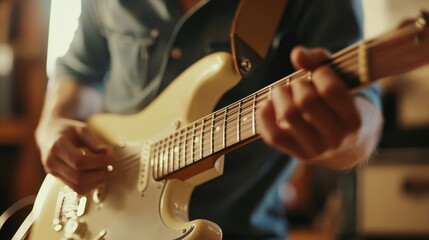 Obraz premium Musician playing guitar studio background soft lighting minimal details