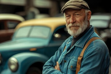Fototapeta premium Portrait of a Senior Man in a Blue Work Shirt with a Classic Car in the Background
