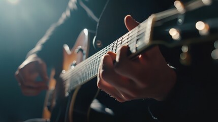 Fototapeta premium Musician playing guitar studio background soft lighting minimal details