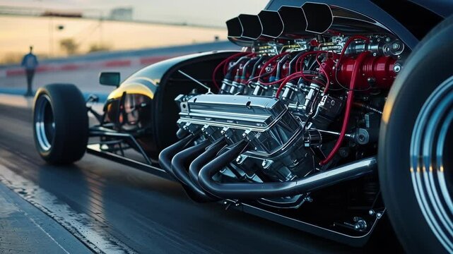 Powerful drag racing car waiting on the start line at sunset, with mechanics in the background. It's almost time to race on the drag strip.
