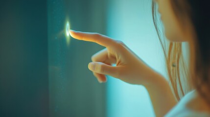 A close-up of a young woman finger poised to touch a screen, soft natural light,   ideal for technology interaction, digital communication, and engagement themes.